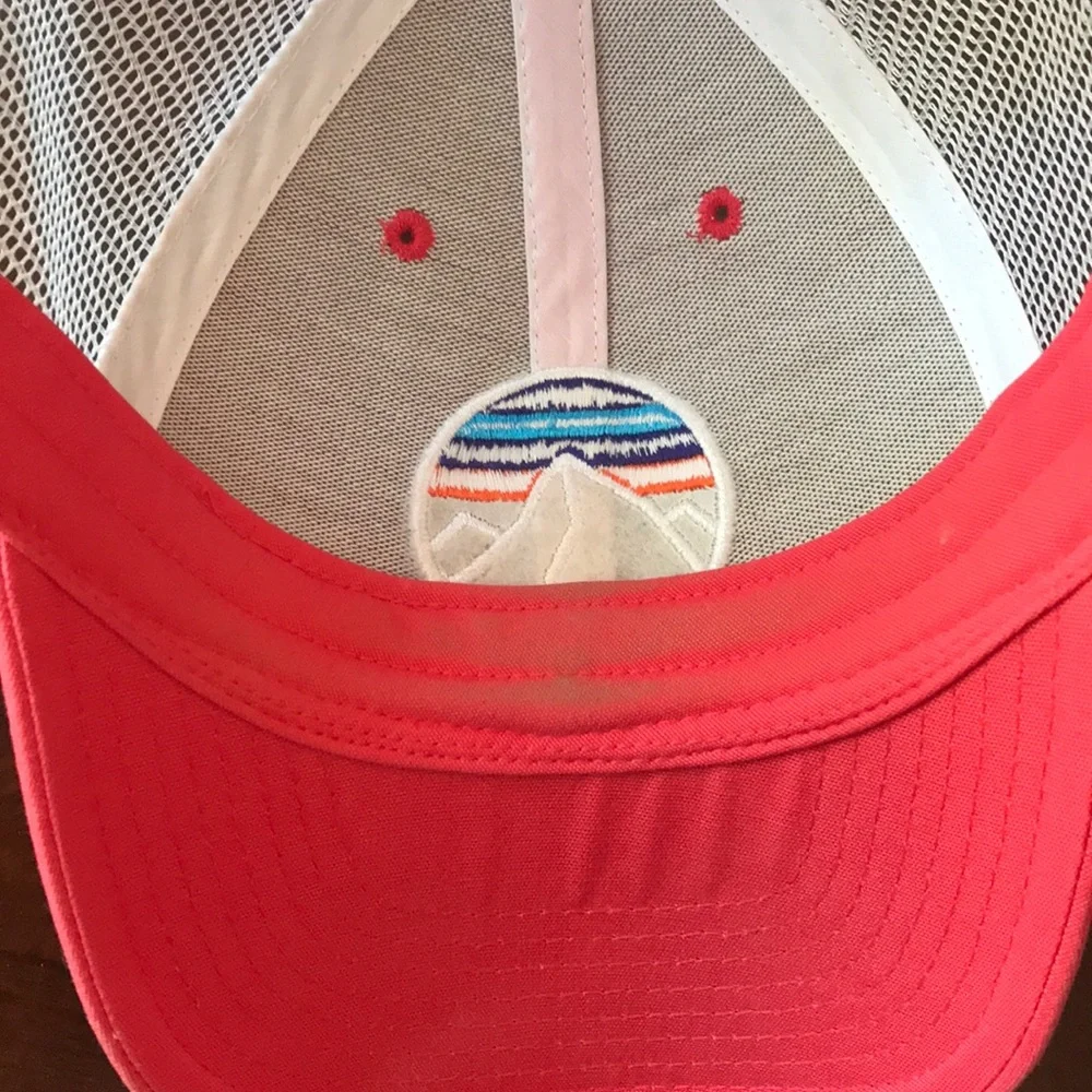 Patagonia Pink and White Mesh Trucker Hat with Mountain Patch